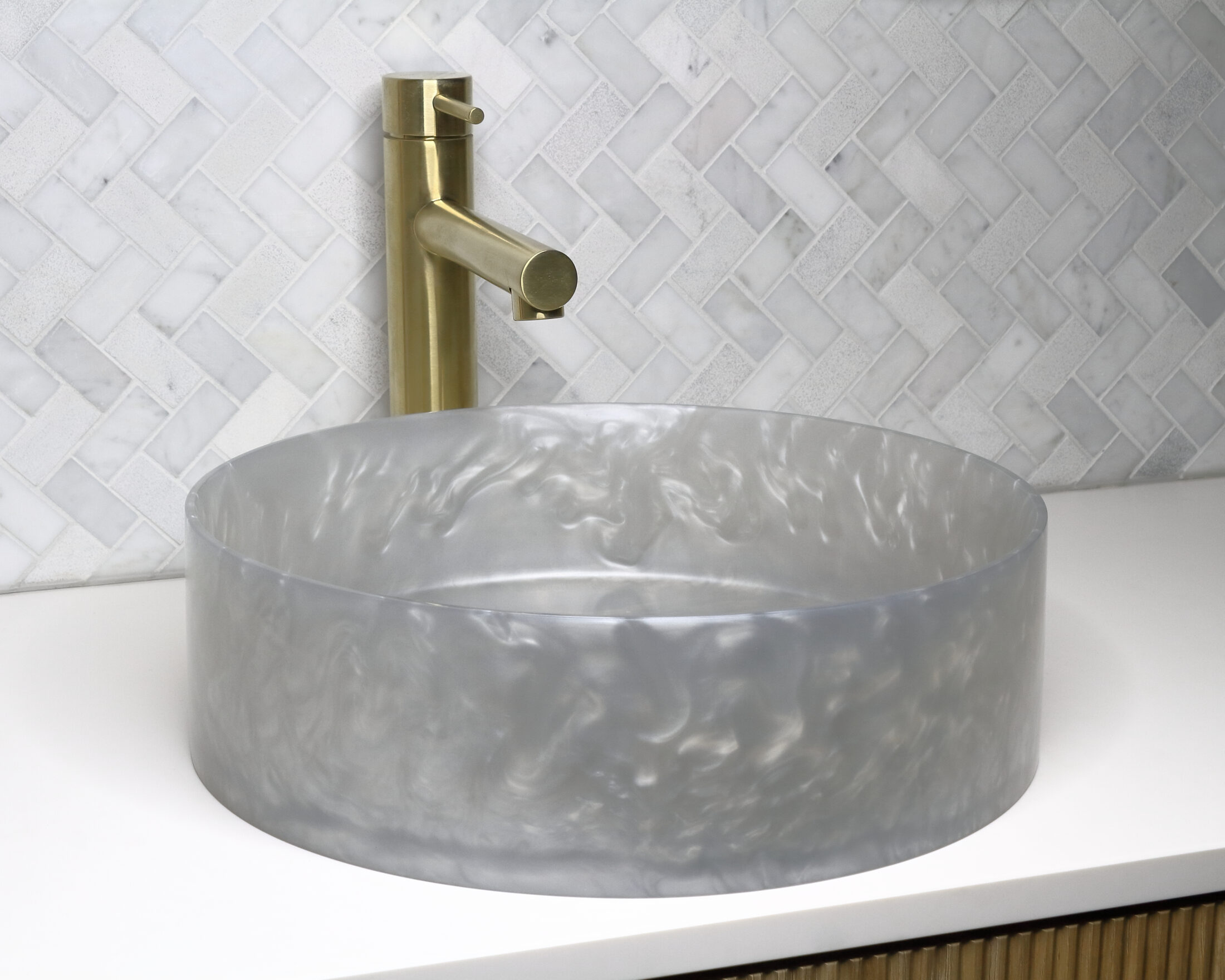 The Basin Lab's dove grey coloured resin basin from their akoya series