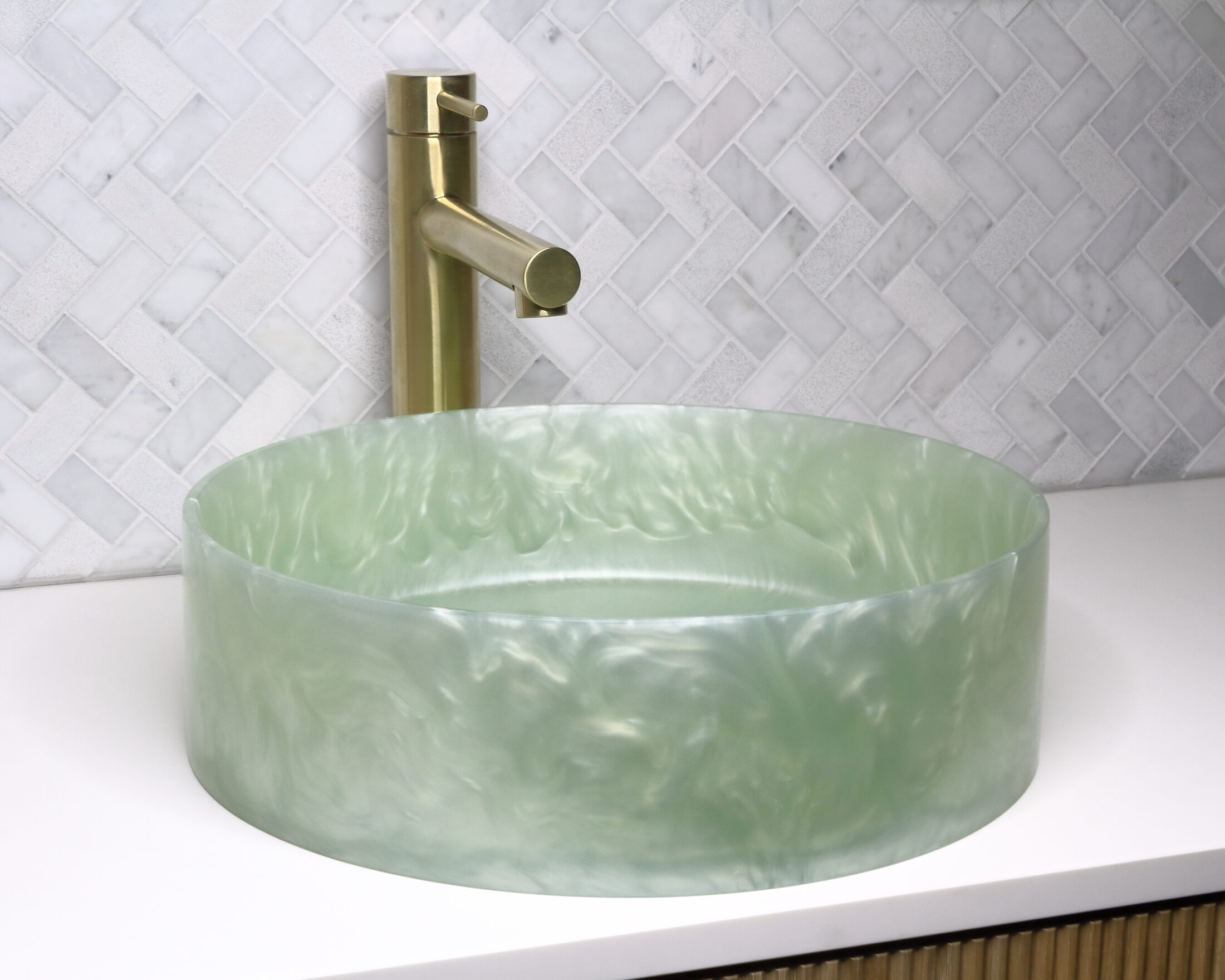 The Basin Lab's seagrass coloured resin basin from their akoya series